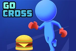 파란색 인물 캐릭터가 빨간 장갑을 끼고 햄버거를 향해 달려가고 있는 장면