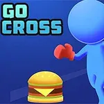 파란색 인물 캐릭터가 빨간 장갑을 끼고 햄버거를 향해 달려가고 있는 장면