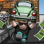 검은 선글라스를 쓴 남자가 초록색 자동차를 들어올리고 있으며, 주변에 돈뭉치가 흩날리고 있다