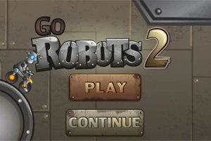 금속 배경 위에 Go Robots 2라는 텍스트와 Play 및 Continue 버튼이 있는 인터페이스