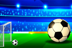 푸른 조명 아래 축구 경기장에서 큰 축구공과 작은 축구공이 골대 앞에 놓여 있는 모습