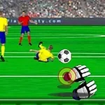 초록 잔디 경기장에서 두 선수와 축구 공, 그리고 골키퍼 장갑이 보이는 이미지