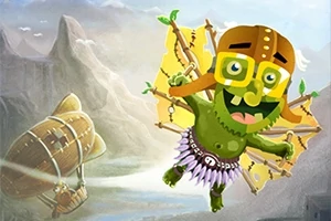 녹색 생물체가 날개를 달고 하늘을 나는 장면