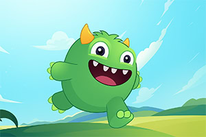 녹색 털이 있는 작은 괴물이 들판을 배경으로 뛰어가는 모습