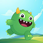 녹색 털이 있는 작은 괴물이 들판을 배경으로 뛰어가는 모습