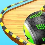 구불구불한 나무 레일 위에 검은 육각형 무늬와 녹색 화살표가 있는 공이 놓여 있는 모습