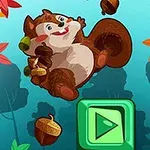 다람쥐가 도토리를 들고 웃고 있으며, 주위에 단풍잎과 도토리가 흩어져 있고, 중앙 하단에 재생 버튼이 있는 장면