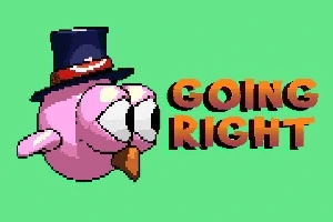 녹색 배경에 모자 쓴 분홍색 새와 GOING RIGHT라는 문구