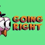 녹색 배경에 모자 쓴 분홍색 새와 GOING RIGHT라는 문구