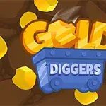 금색 돌들이 배경으로, 중앙에 GOLD라는 글자와 파란 광산 카트에 DIGGERS라는 글자가 있는 이미지