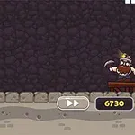 벽돌이 쌓인 벽 앞에 곡괭이를 든 광부가 서 있는 모습