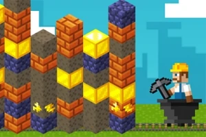 캐릭터가 노란 헬멧을 쓰고 곡괭이를 들고 있는 모습과 다양한 색상의 블록 기둥들이 배열되어 있는 장면입니다