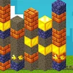 캐릭터가 노란 헬멧을 쓰고 곡괭이를 들고 있는 모습과 다양한 색상의 블록 기둥들이 배열되어 있는 장면입니다