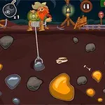 깡통 모자를 쓴 노인이 광산 배경에서 크레인을 사용하여 땅에서 광물을 채굴하고 있습니다