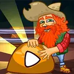 빨간 머리와 수염을 가진 남자가 황금색 바위 위에 있는 큰 화살표 모양을 만지고 있는 장면