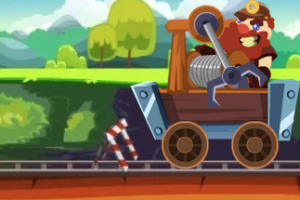 기차 선로 위에서 수염 난 남성이 기계를 조작하고 있는 만화 스타일의 이미지