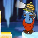 광산 헬멧을 쓴 파란 캐릭터가 얼음 블록 옆에 서 있다