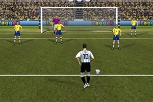 축구 경기 중 페널티 킥을 준비하는 선수의 뒷모습과 골키퍼, 수비수들이 보입니다
