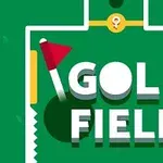 녹색 배경에 흰색 볼과 골프 깃발이 있으며 GOLF FIELD라는 텍스트가 중앙에 있는 이미지입니다