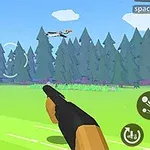 숲 배경에서 총을 조준하며 하늘을 나는 오리를 겨냥하는 장면