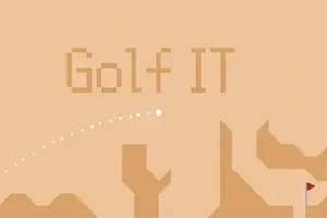 베이지색 배경에 Golf IT라는 글자와 함께 점선 궤적을 따라가는 공, 홀 깃발이 있는 이미지