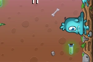 파란색 외계 생물이 갈색 배경의 동굴 벽을 타고 오르는 모습