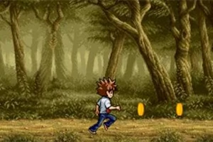 숲 속 길을 달리는 캐릭터와 바닥에 놓인 두 개의 동전