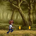 숲 속 길을 달리는 캐릭터와 바닥에 놓인 두 개의 동전