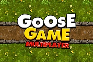 녹색 잔디 배경에 돌로 경계가 된 흙길 위로 GOOSE GAME MULTIPLAYER라는 문구가 쓰여 있다
