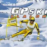 노란색 스키복을 입은 스키 선수가 눈 덮인 슬로프를 활강하며 슬라롬 기둥 사이를 지나고 있다