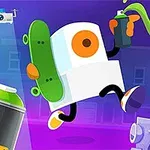 로봇 캐릭터가 스케이트보드를 들고 스프레이 캔으로 그림을 그리고 있는 장면