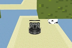 검은색 스포츠카가 사각형 나무 옆의 노란색 도로를 주행하는 장면