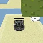 검은색 스포츠카가 사각형 나무 옆의 노란색 도로를 주행하는 장면