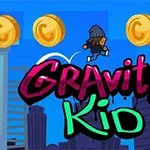 파란 배경에 동전과 도심을 뛰어넘는 남자아이와 Gravity Kid라는 텍스트가 있습니다