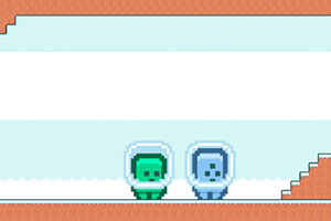 화면에 픽셀 아트 스타일의 두 외계인 캐릭터가 얼음길 위에 서 있고, 배경은 얼음 동굴로 이루어져 있다