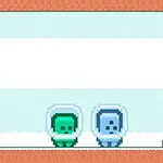 화면에 픽셀 아트 스타일의 두 외계인 캐릭터가 얼음길 위에 서 있고, 배경은 얼음 동굴로 이루어져 있다