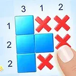 파란색 블록과 빨간색 X 표시가 있는 퍼즐 그리드와 손가락이 나타나 있는 이미지