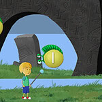 소년이 푸른 들판에서 막대기를 들고 고대 문양이 새겨진 큰 돌 구조물 앞에 서 있다