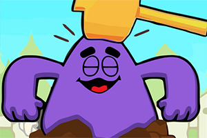 보라색 캐릭터가 망치에 맞고 웃는 모습