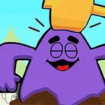 보라색 캐릭터가 망치에 맞고 웃는 모습