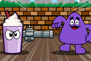 보라색 쉐이크와 보라색 캐릭터가 브릭 배경 앞에 서 있는 장면