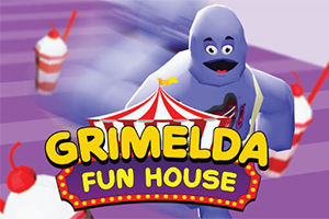 보라색 배경 앞에 파란색 캐릭터와 밀크쉐이크가 있으며, 중앙에 GRIMELDA FUN HOUSE라는 글자가 있는 장면