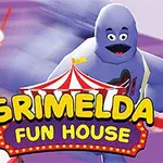 보라색 배경 앞에 파란색 캐릭터와 밀크쉐이크가 있으며, 중앙에 GRIMELDA FUN HOUSE라는 글자가 있는 장면