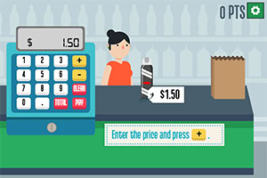 계산대에서 계산기와 함께 상품 가격이 표시된 장면