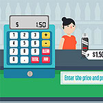 계산대에서 계산기와 함께 상품 가격이 표시된 장면