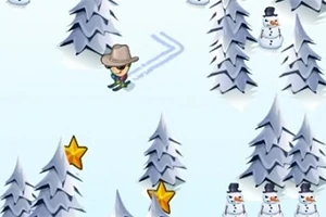 눈 덮인 숲에서 카우보이 모자를 쓴 스키어가 별과 눈사람들 사이로 스키를 타는 모습