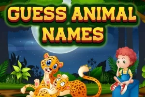 숲속 배경에서 두 마리의 귀여운 치타와 앉아 있는 소년 옆에 GUESS ANIMAL NAMES라는 글자가 있는 장면