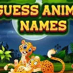 숲속 배경에서 두 마리의 귀여운 치타와 앉아 있는 소년 옆에 GUESS ANIMAL NAMES라는 글자가 있는 장면