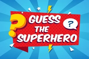 파란색 배경에 빨간색 말풍선 안에 GUESS THE SUPERHERO 텍스트와 물음표 아이콘, 번개와 별 장식이 있는 이미지