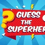파란색 배경에 빨간색 말풍선 안에 GUESS THE SUPERHERO 텍스트와 물음표 아이콘, 번개와 별 장식이 있는 이미지